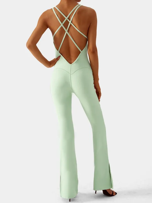 ZASUWA Female Beautiful Cross Back Split Flare Jumpsuit