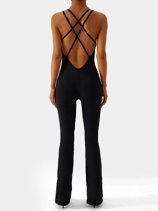 ZASUWA Female Beautiful Cross Back Split Flare Jumpsuit