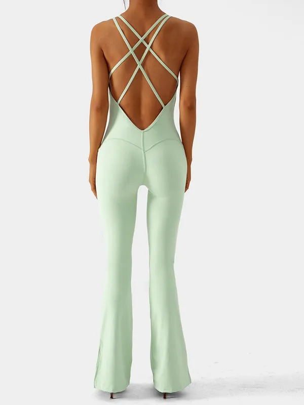 ZASUWA Female Beautiful Cross Back Split Flare Jumpsuit