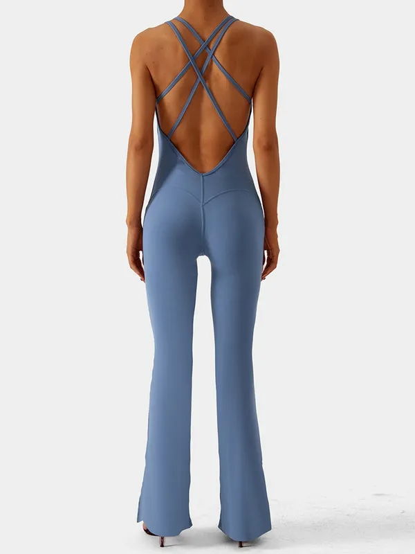 ZASUWA Female Beautiful Cross Back Split Flare Jumpsuit