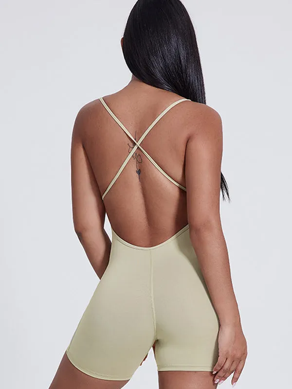 ZASUWA Female Cross Back U Collar Hollow Out Backless Hip-lift Short Jumpsuit