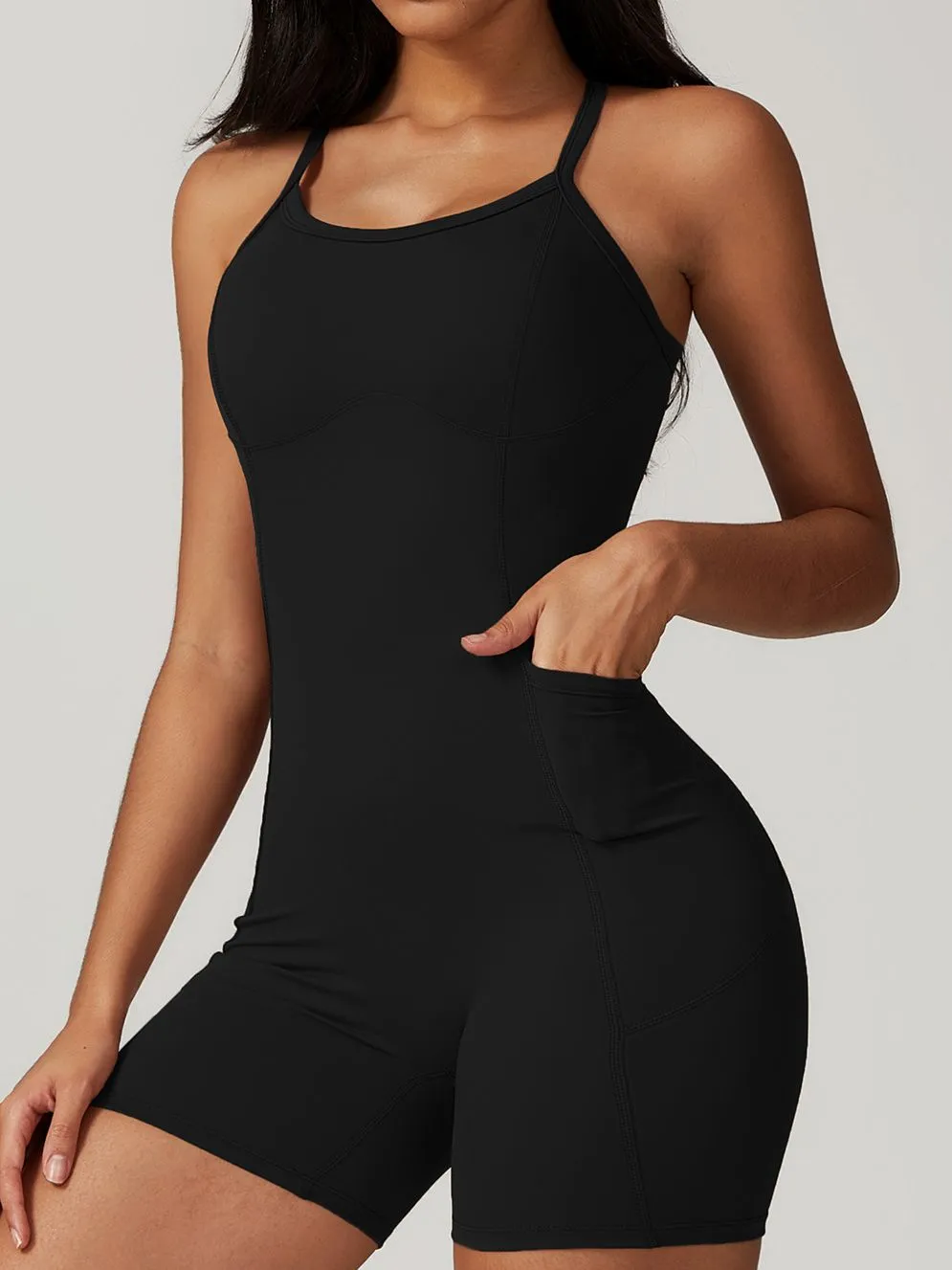 ZASUWA Female Cross Back with Pockets with Chest Pads Quick Dry Hip-lift Short Jumpsuit